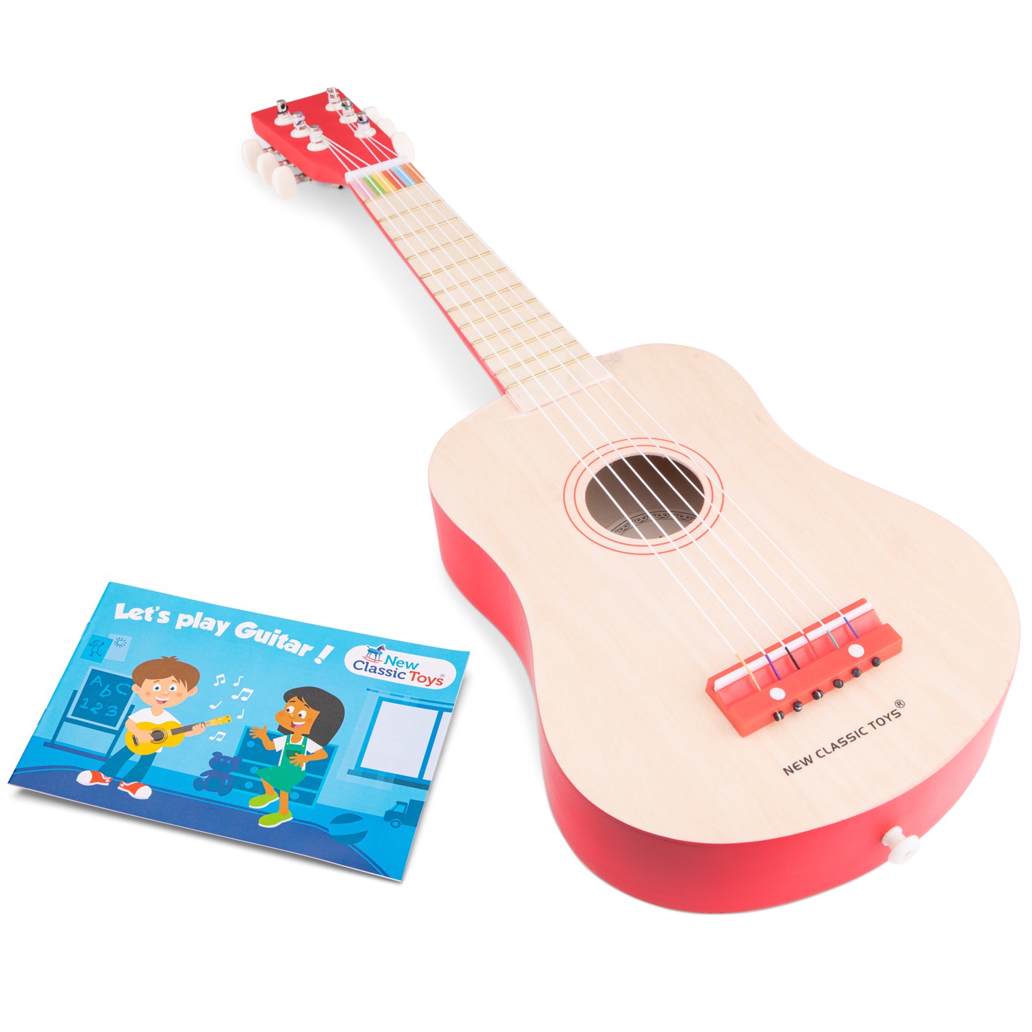 Guitarra infantil vermelha e madeira clara com folheto azul