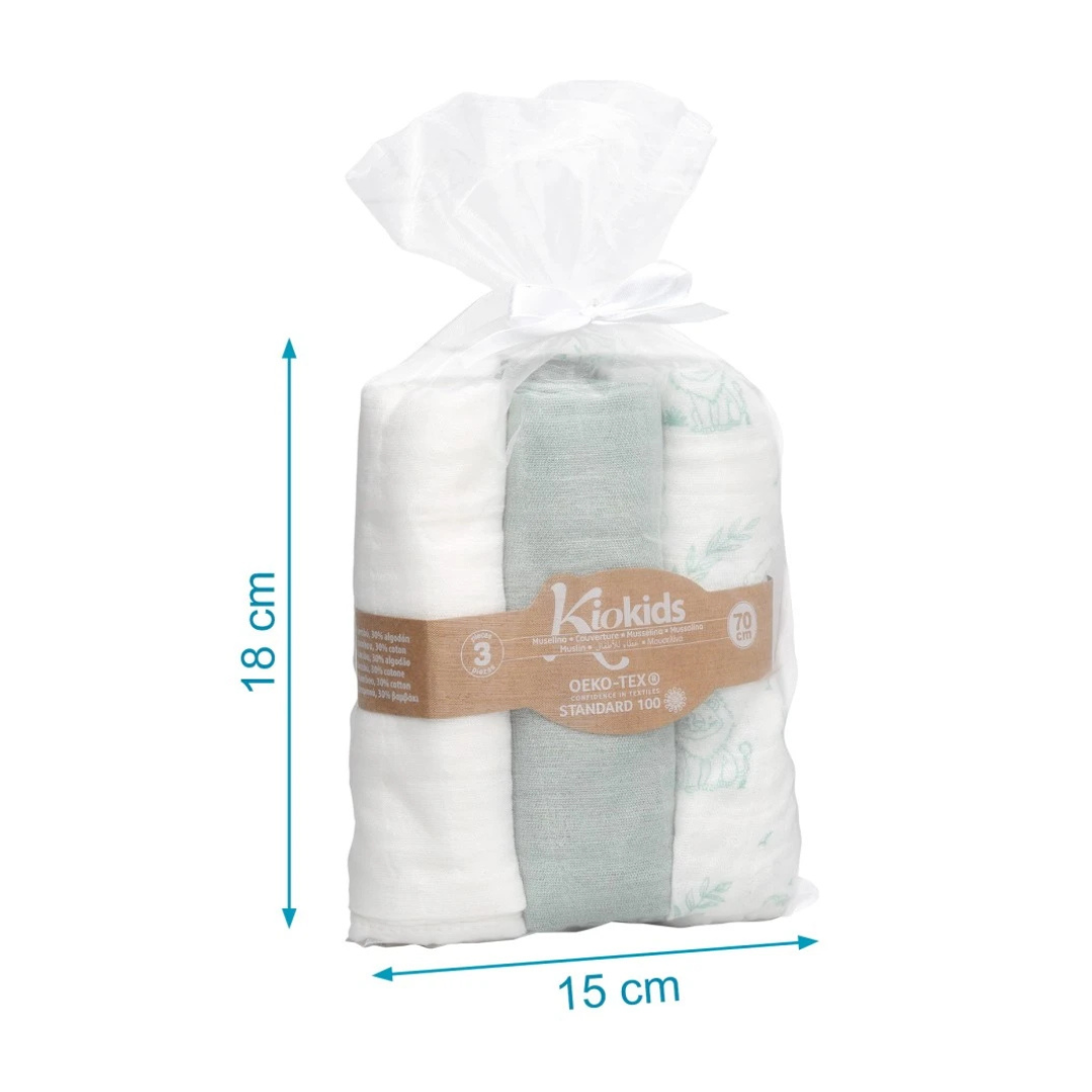 Pack de três panos de musselina KioKids em embalagem transparente