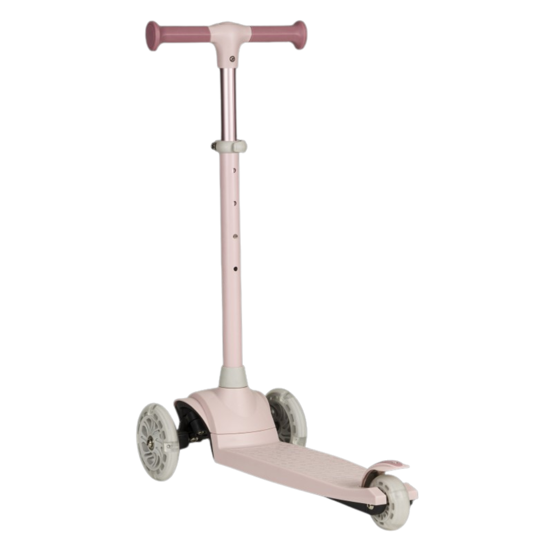 Trotinete infantil rosa com três rodas e punhos cor-de-rosa