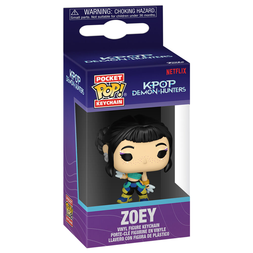 Chaveiro Pocket Pop! Zoey da série KPOP Demon Hunters em embalagem azul e roxa.