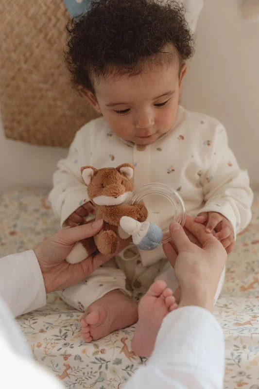 Bebé a segurar brinquedo de peluche em forma de raposa e chupeta numa cama com colcha estampada