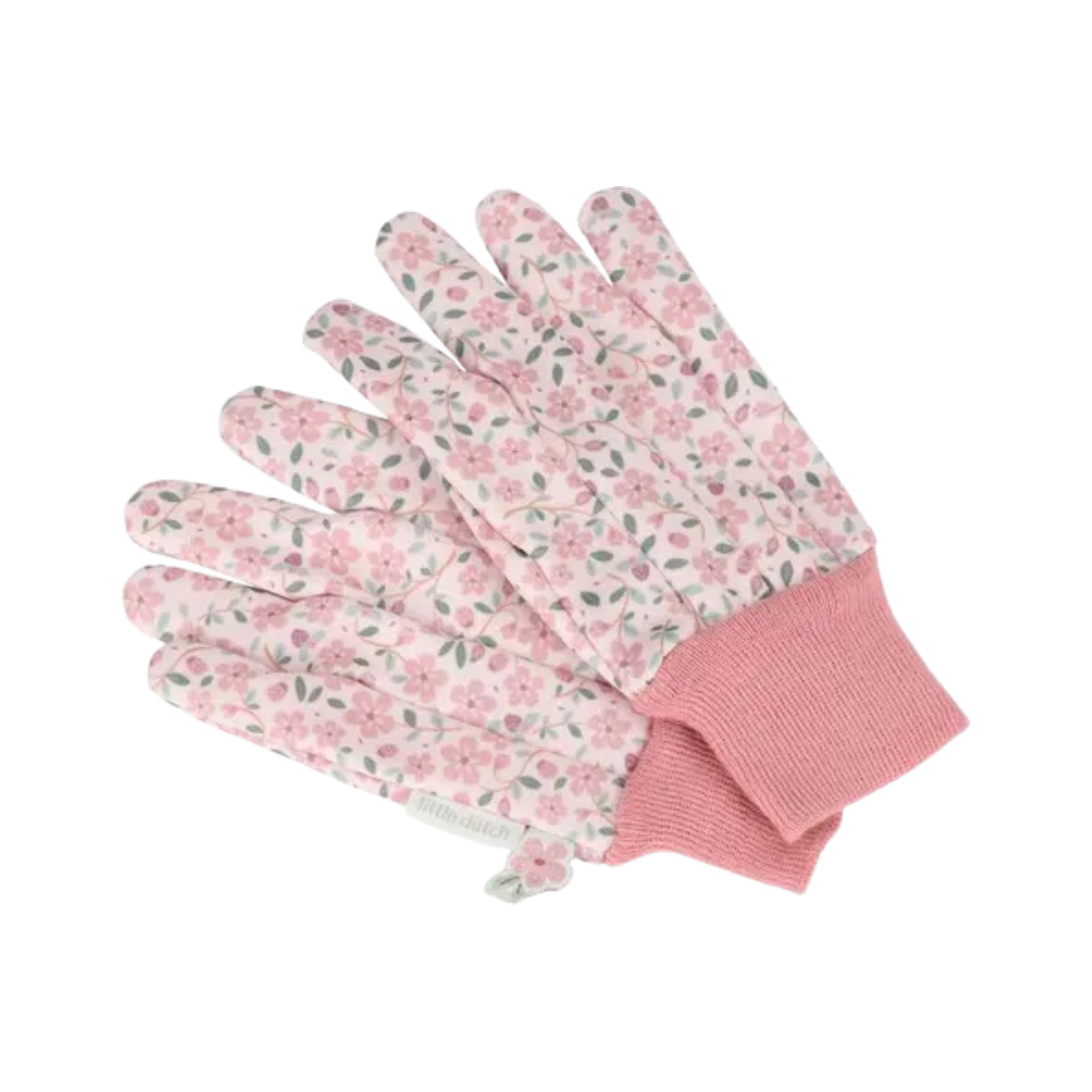 Luvas femininas com padrão floral cor-de-rosa e punhos em malha rosa.