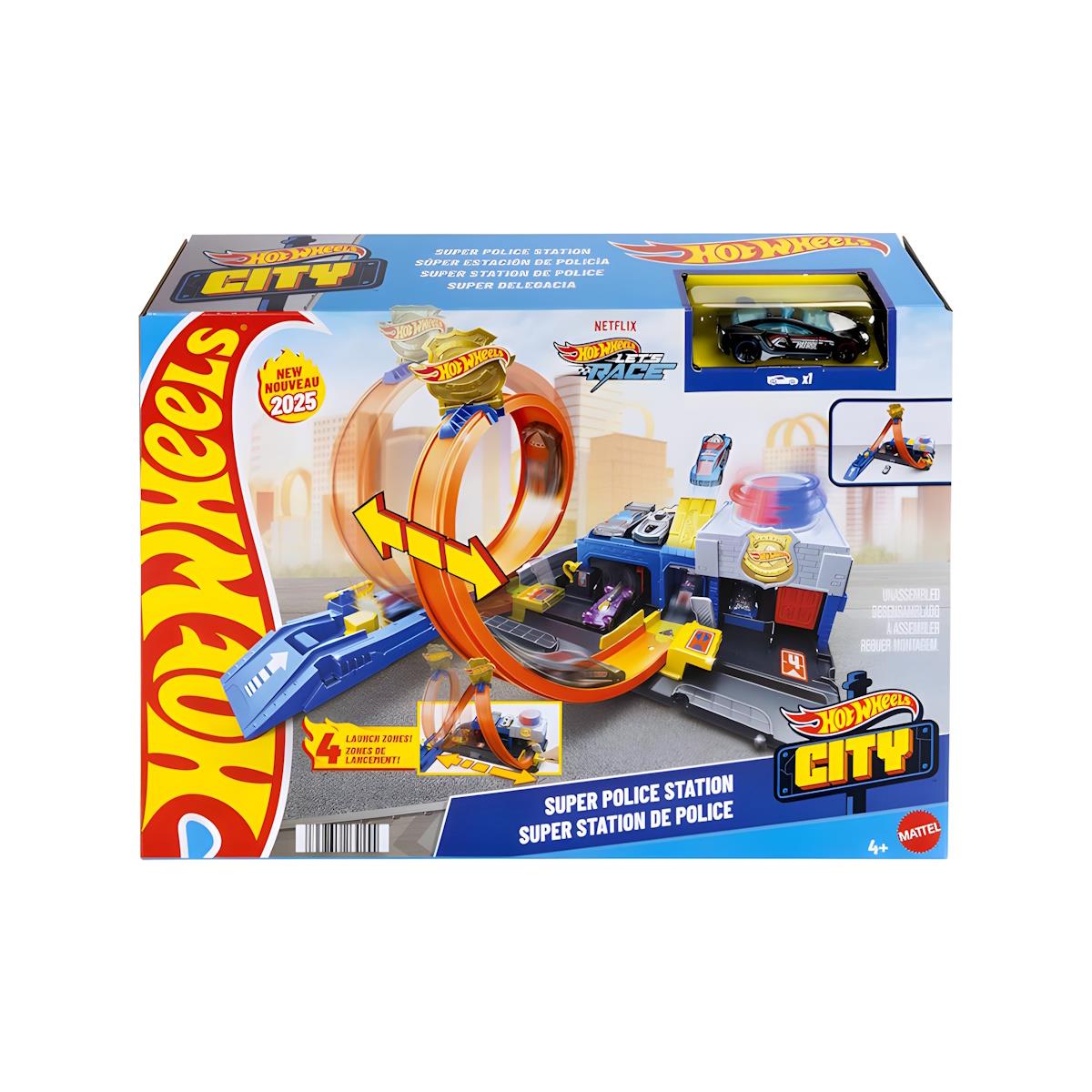 Conjunto Hot Wheels Super Police Station com circuito e carrinho preto na embalagem azul