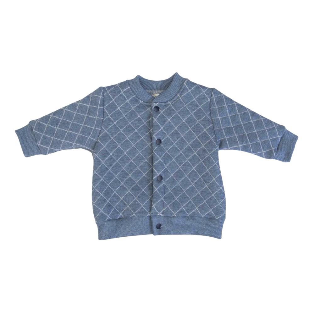Casaco azul para criança com padrão de losangos brancos e botões frontais