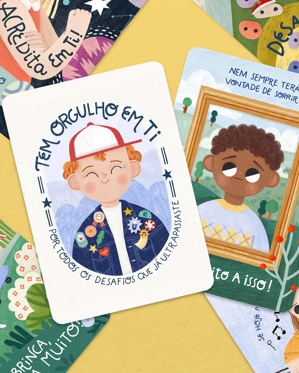 Cartões ilustrados com desenhos de crianças e textos motivacionais em português.