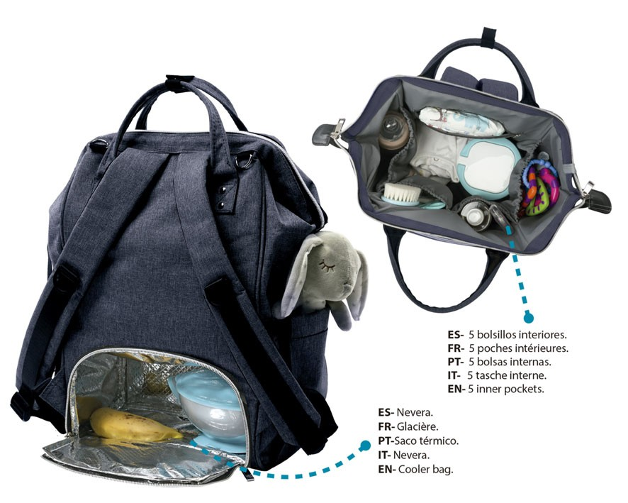 Mochila azul escura com bolsa térmica e interior organizado com vários itens