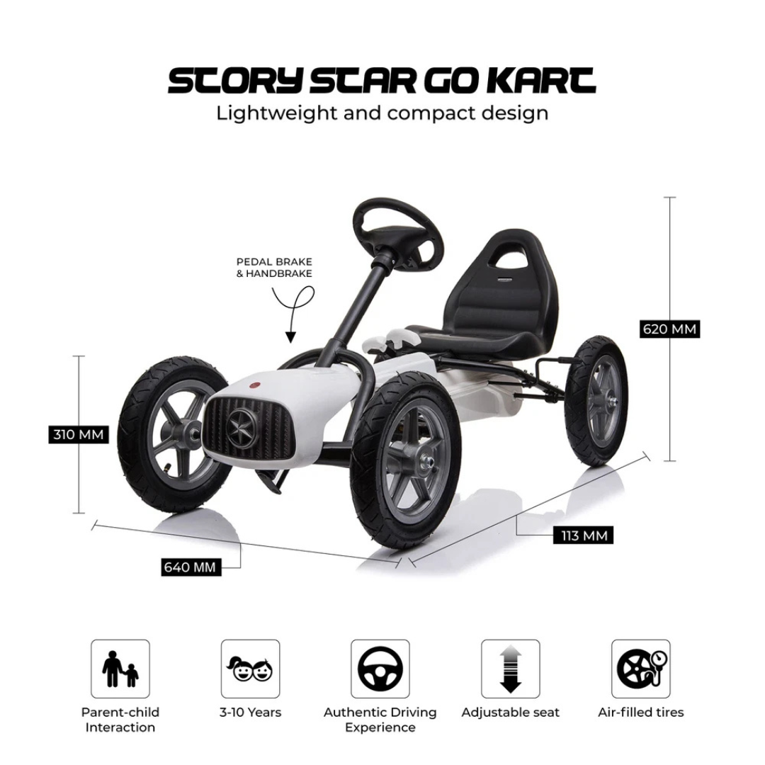 Kart infantil branco e preto com volante e assento ajustável