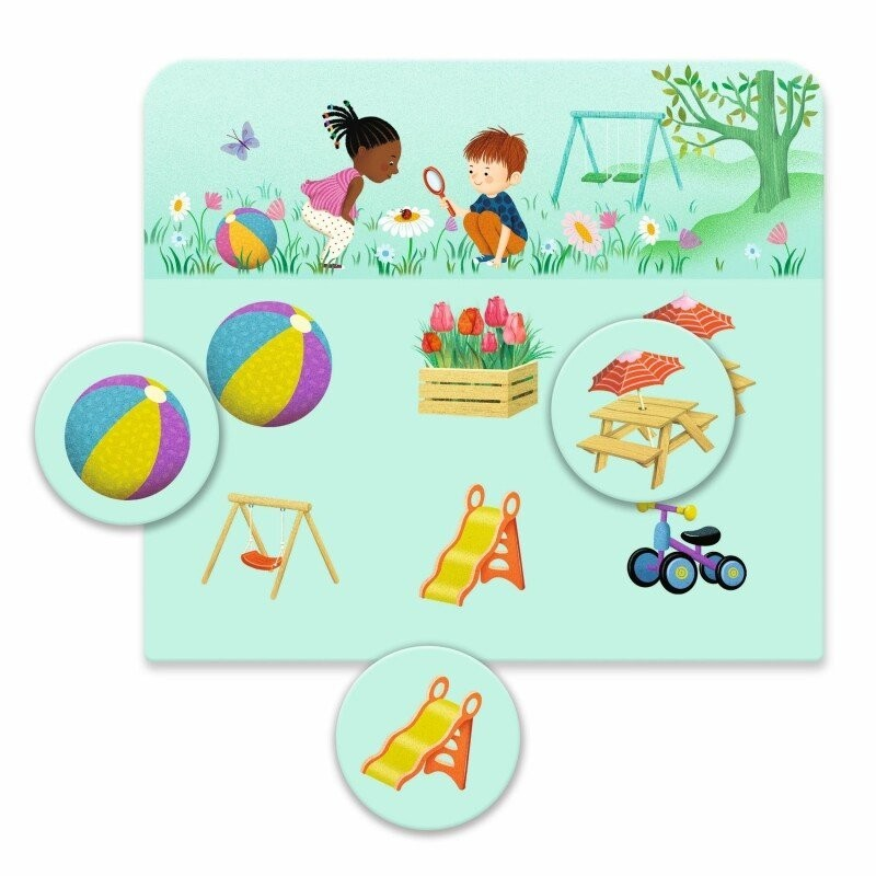 Ilustração de crianças a brincar em parque com brinquedos e bola colorida