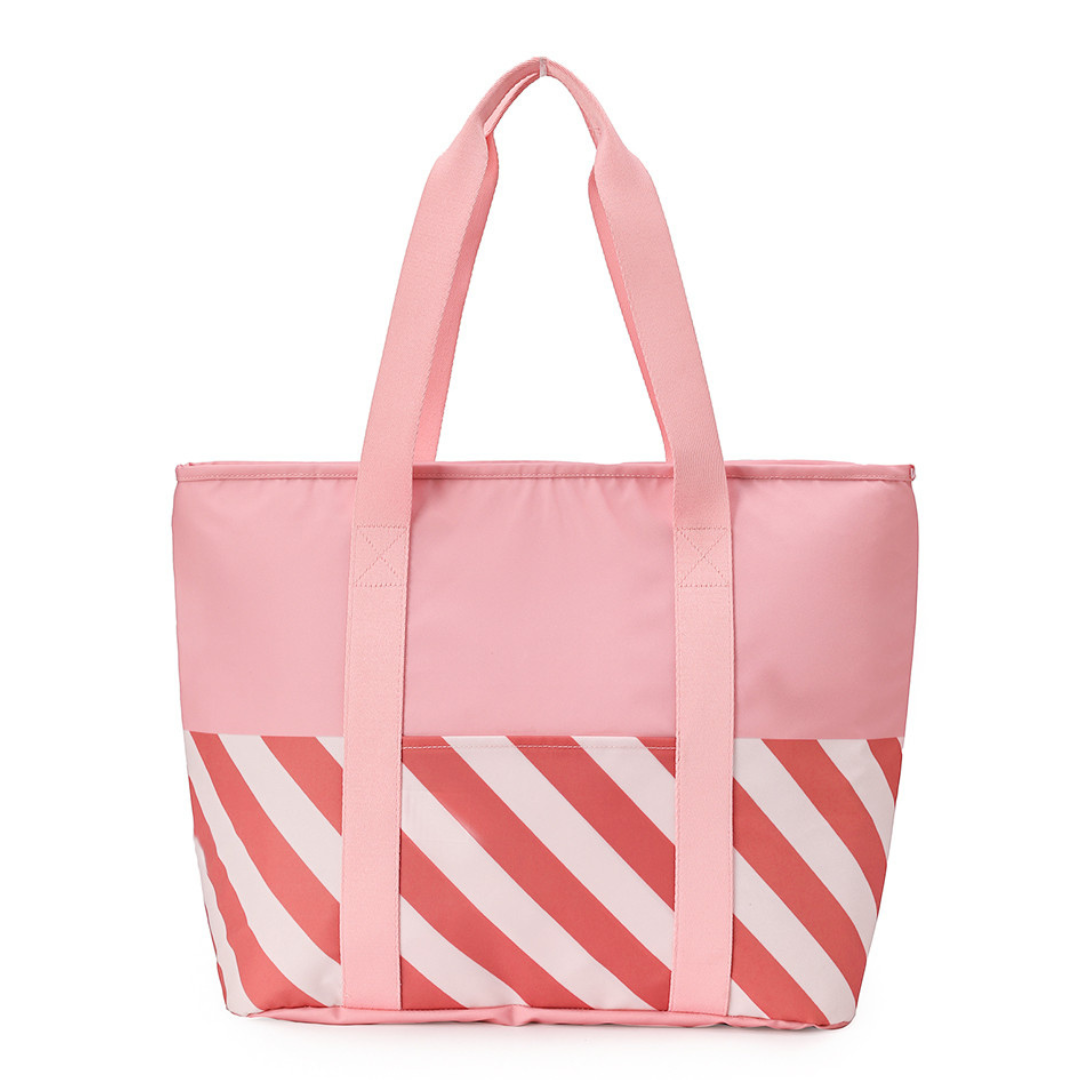 Sacola rosa com alças e riscas diagonais rosa e rosa claro