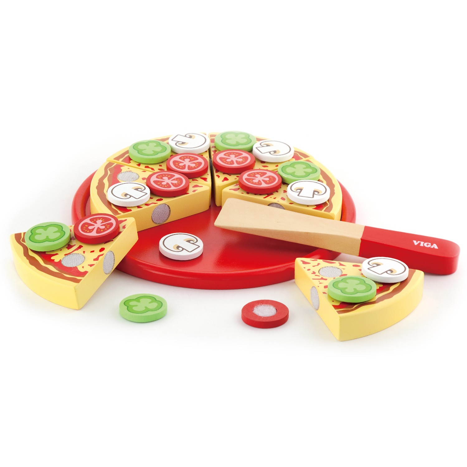 Jogo de pizza em madeira com toppings coloridos, faca vermelha e prato vermelho.