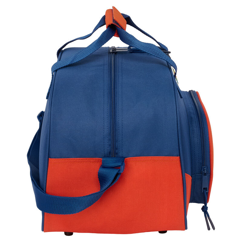Mala desportiva azul e laranja, vista lateral
