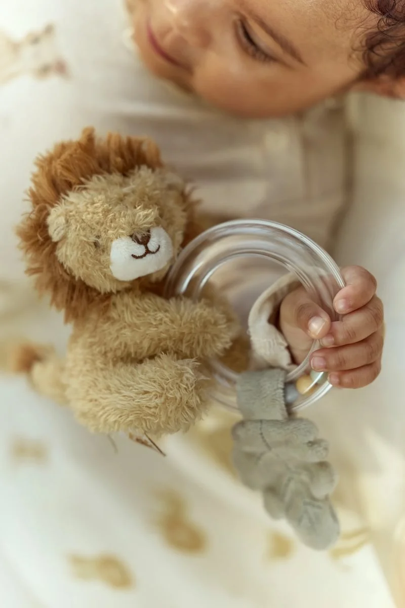 Brinquedo de bebé leão de pelúcia com anel transparente e pendente em folha cinzenta