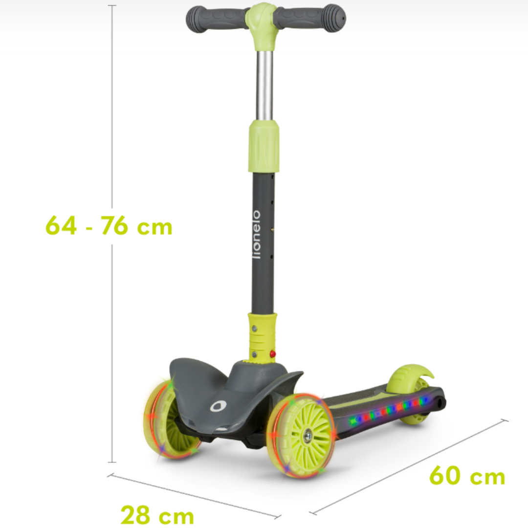 trottinette criança cinza escuro verde com luzes led e texto lionelo