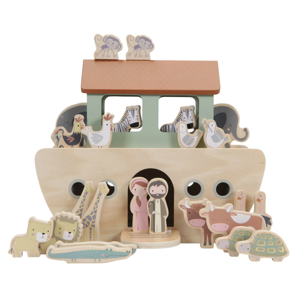 Arca de brinquedo de madeira com figuras de animais e pessoas coloridas