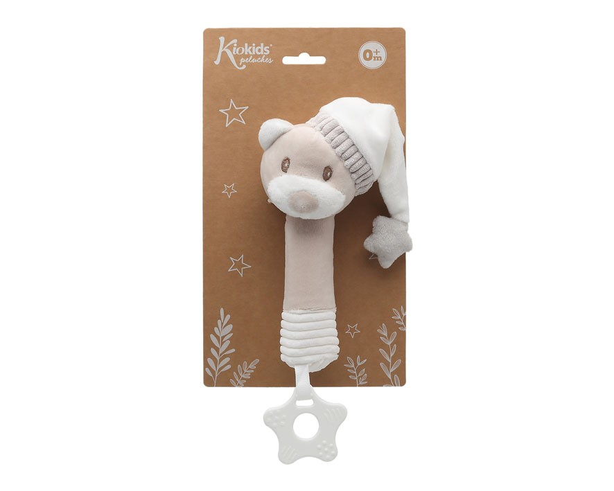 Brinquedo de peluche urso bege com chapéu branco e pega estrela