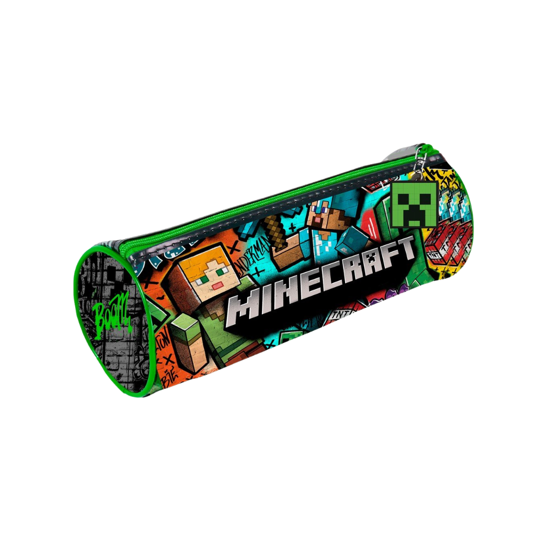 Estojo escolar cilíndrico Minecraft com personagens pixelizados e cores vibrantes
