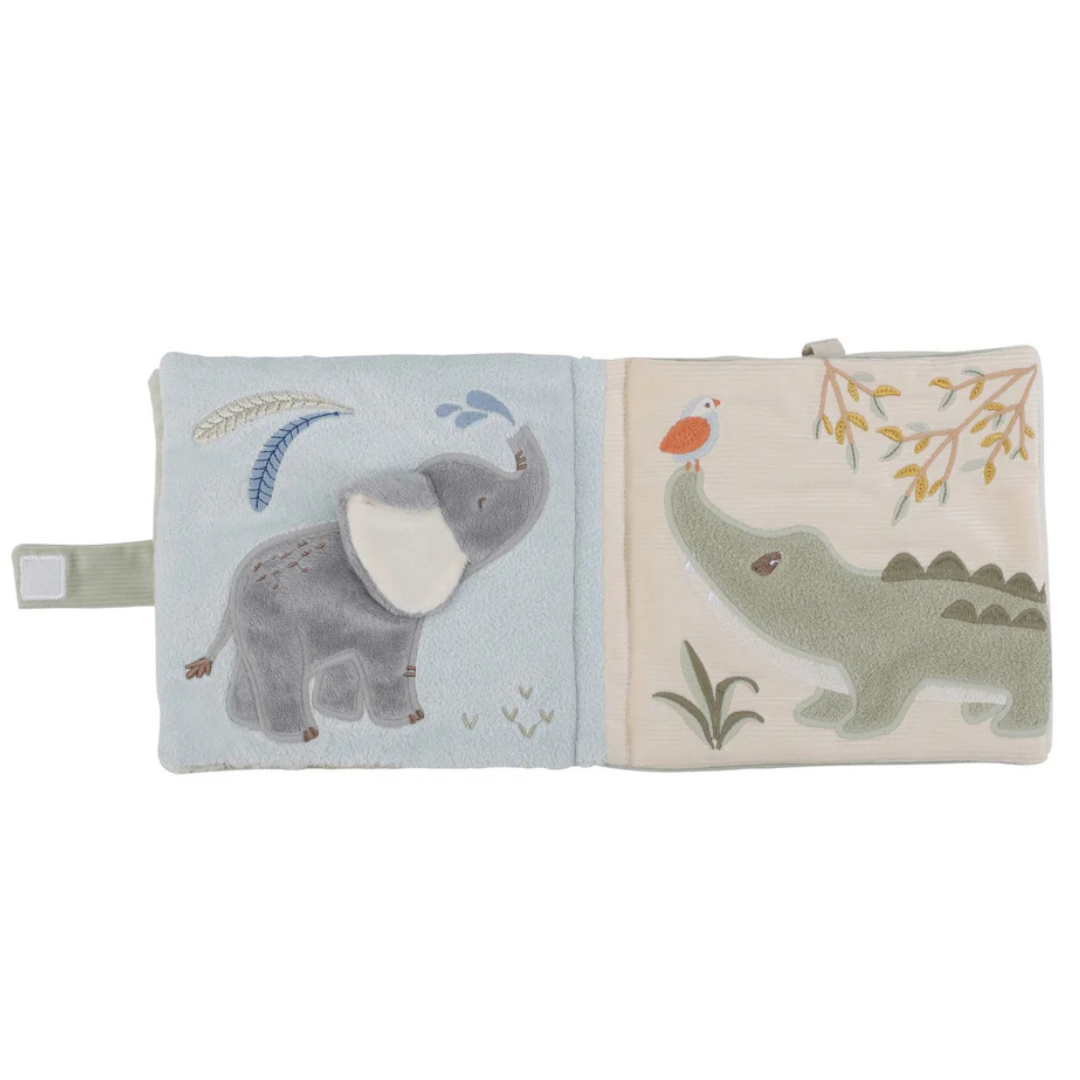 Livro de tecido para bebés com elefante e crocodilo em páginas coloridas