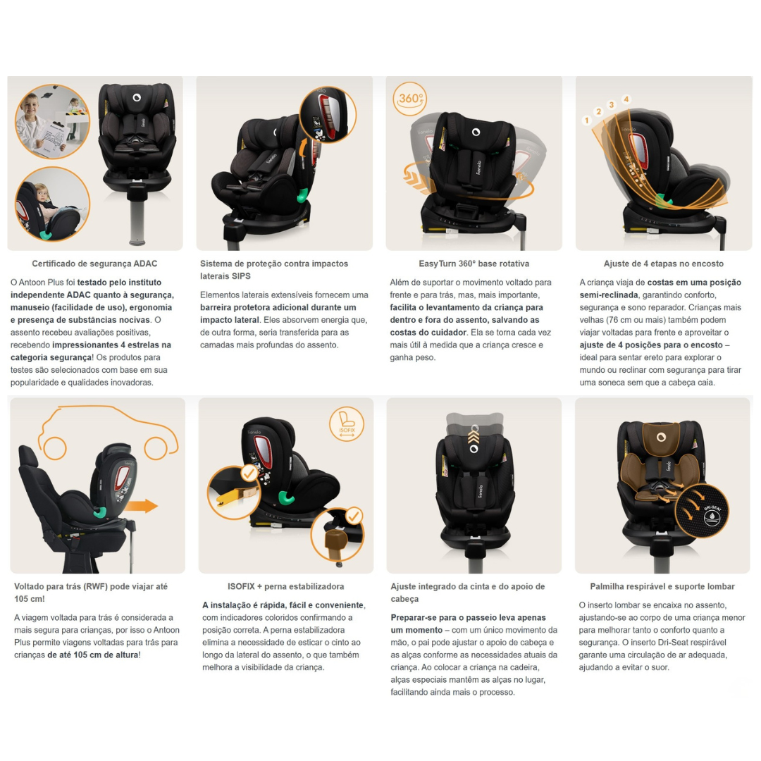 cadeirão de automóvel infantil preto com base rotativa e sistema ISOFIX