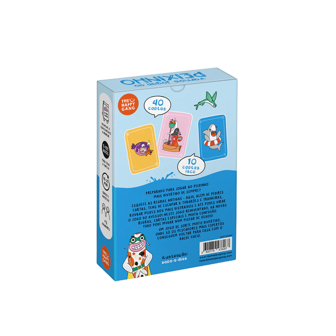 Caixa azul de jogo de cartas The Happy Gang com ilustrações de peixes e tubarão