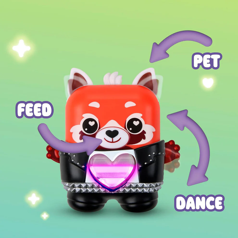 Brinquedo vermelho e branco com casaco preto e luz de coração roxa, fundo verde com texto FEED, PET e DANCE.