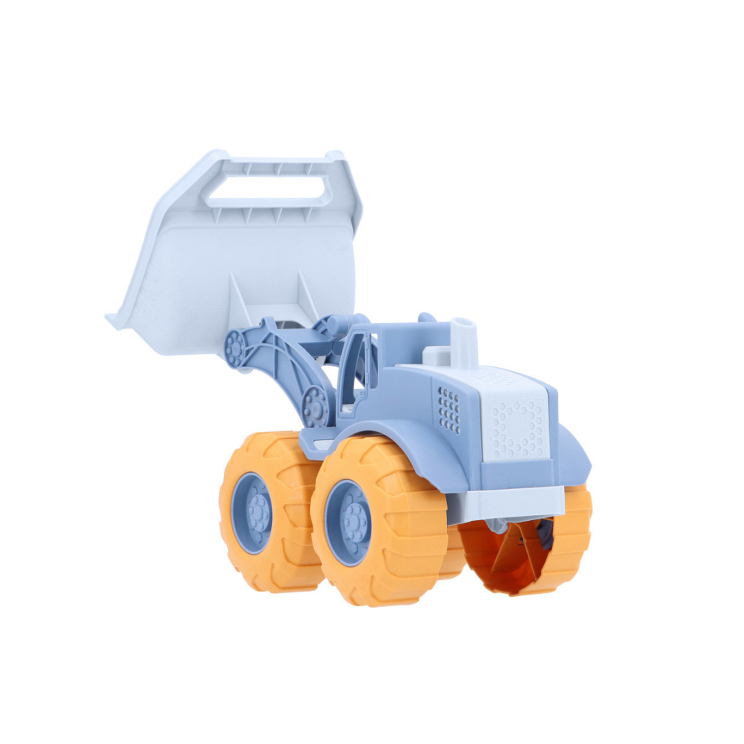 Brinquedo carrinho escavadora plástico azul e rodas laranja