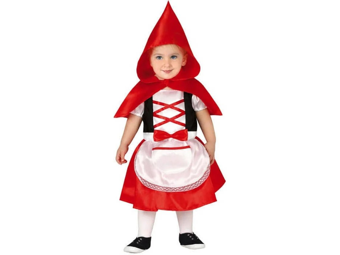 Fantasia infantil Capuchinho Vermelho com capuz e vestido colorido em fundo branco.