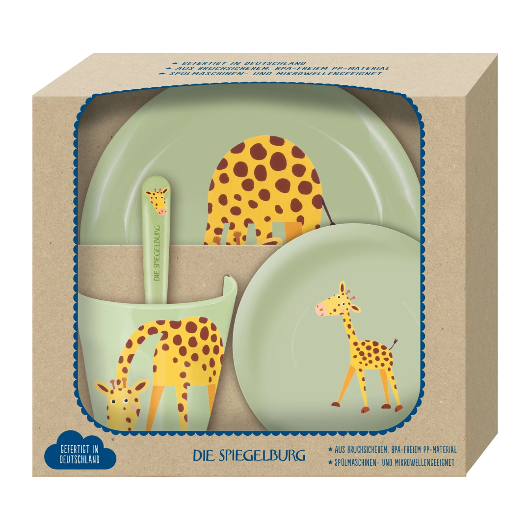 Conjunto de jantar infantil verde com ilustrações de girafas amarelas