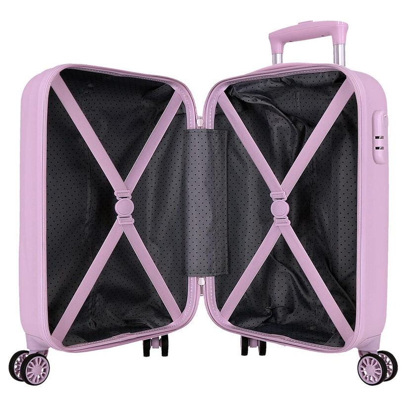 Mala de viagem rígida rosa com interior preto e cintas elásticas