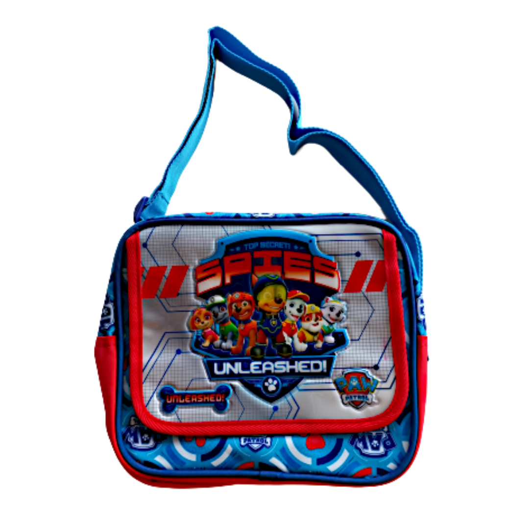 Mala infantil azul e vermelha com estampa de Paw Patrol e texto 'TOP SECRETS SPIES UNLEASHED!'