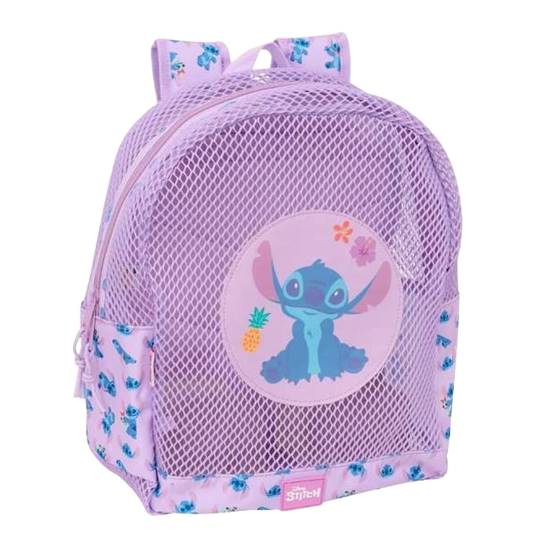 Mochila lilás com estampa do Stitch e rede frontal