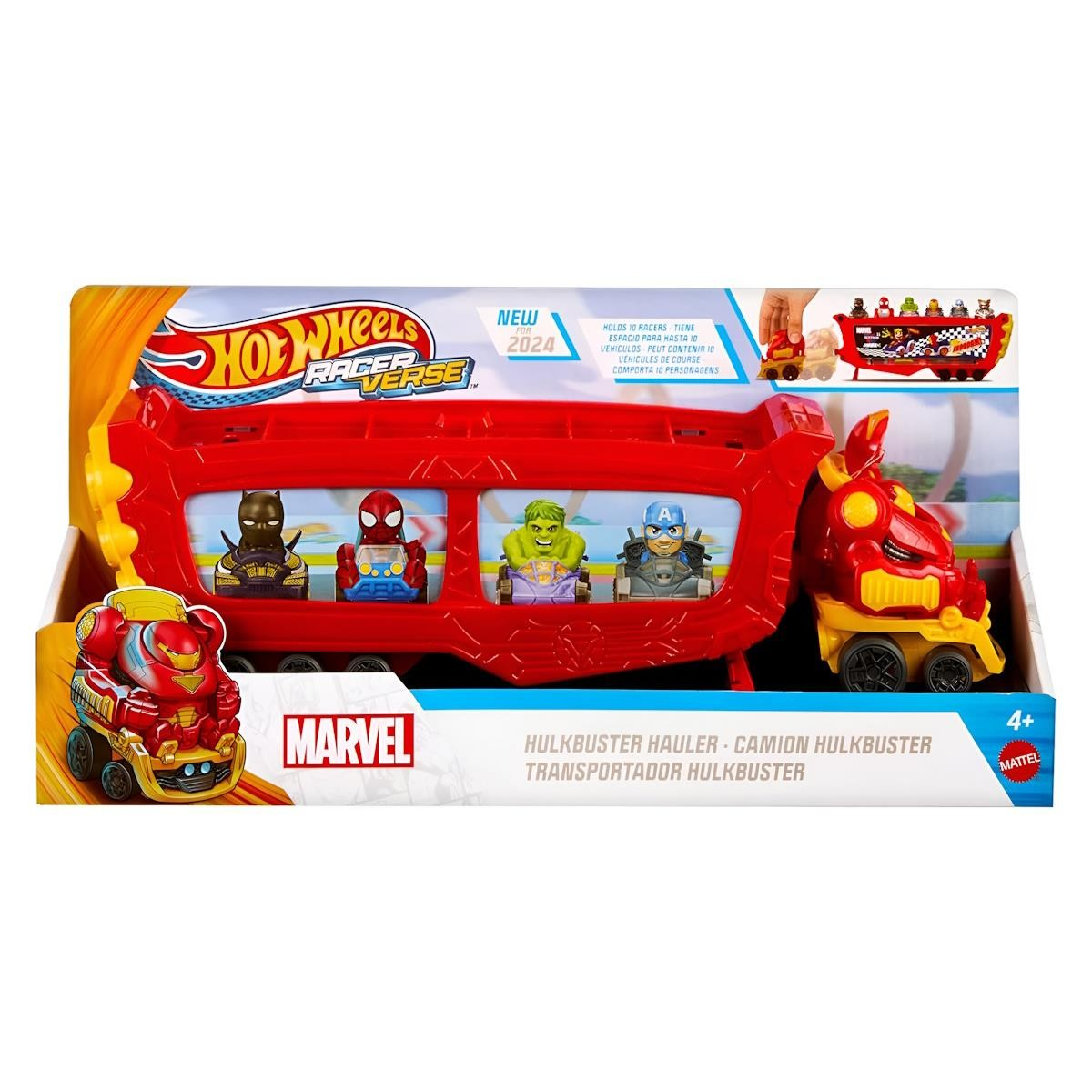 Carrinho de brinquedo Hot Wheels Marvel Hulkbuster Hauler com figuras de super-heróis em caixa