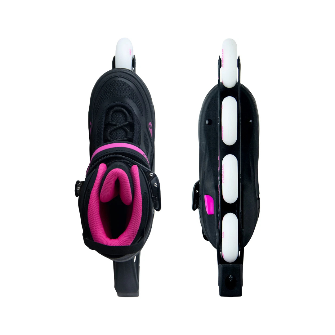Patins em linha pretos com detalhes rosa e rodas brancas