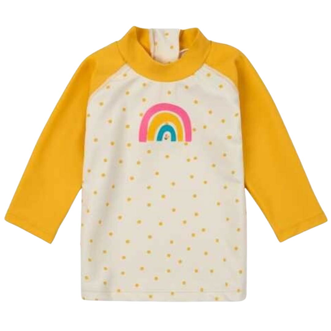 Camisola de criança com padrão de bolinhas e arco-íris