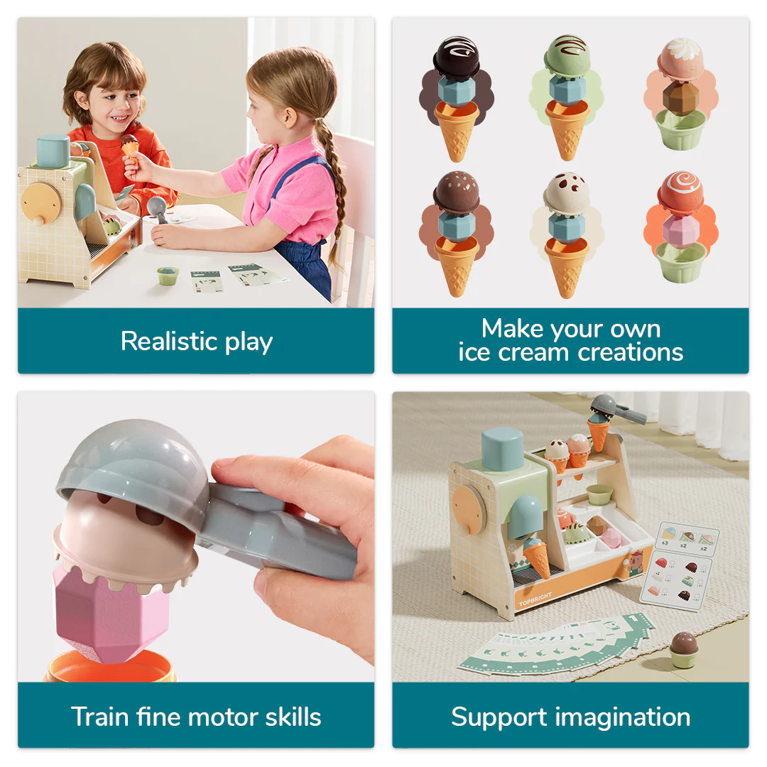 Brinquedos de madeira para fazer gelados com carrinho, cones e bolas de gelado coloridas e cartas ilustrativas.