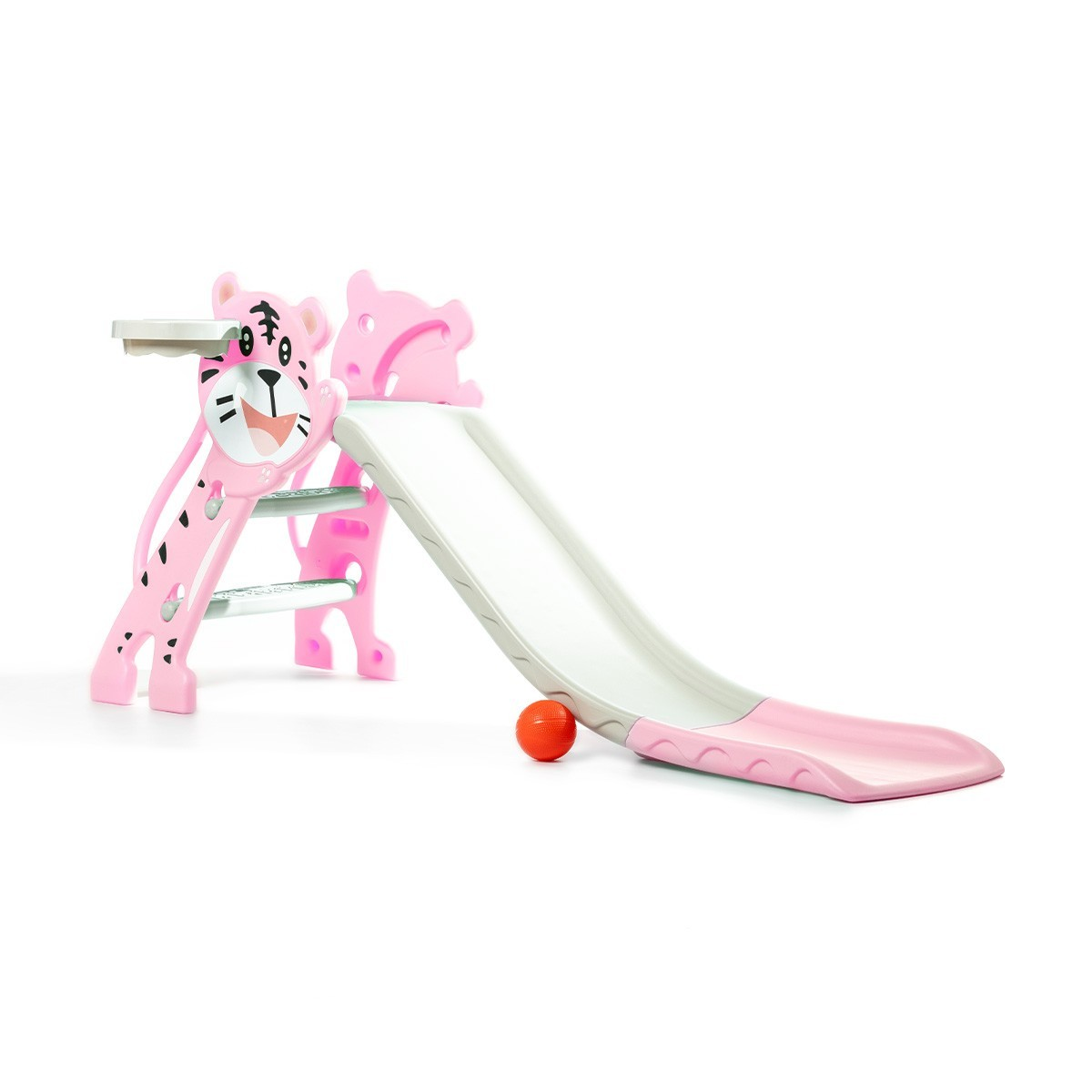 Escorrega infantil rosa e branco com estrutura de tigre e bola laranja