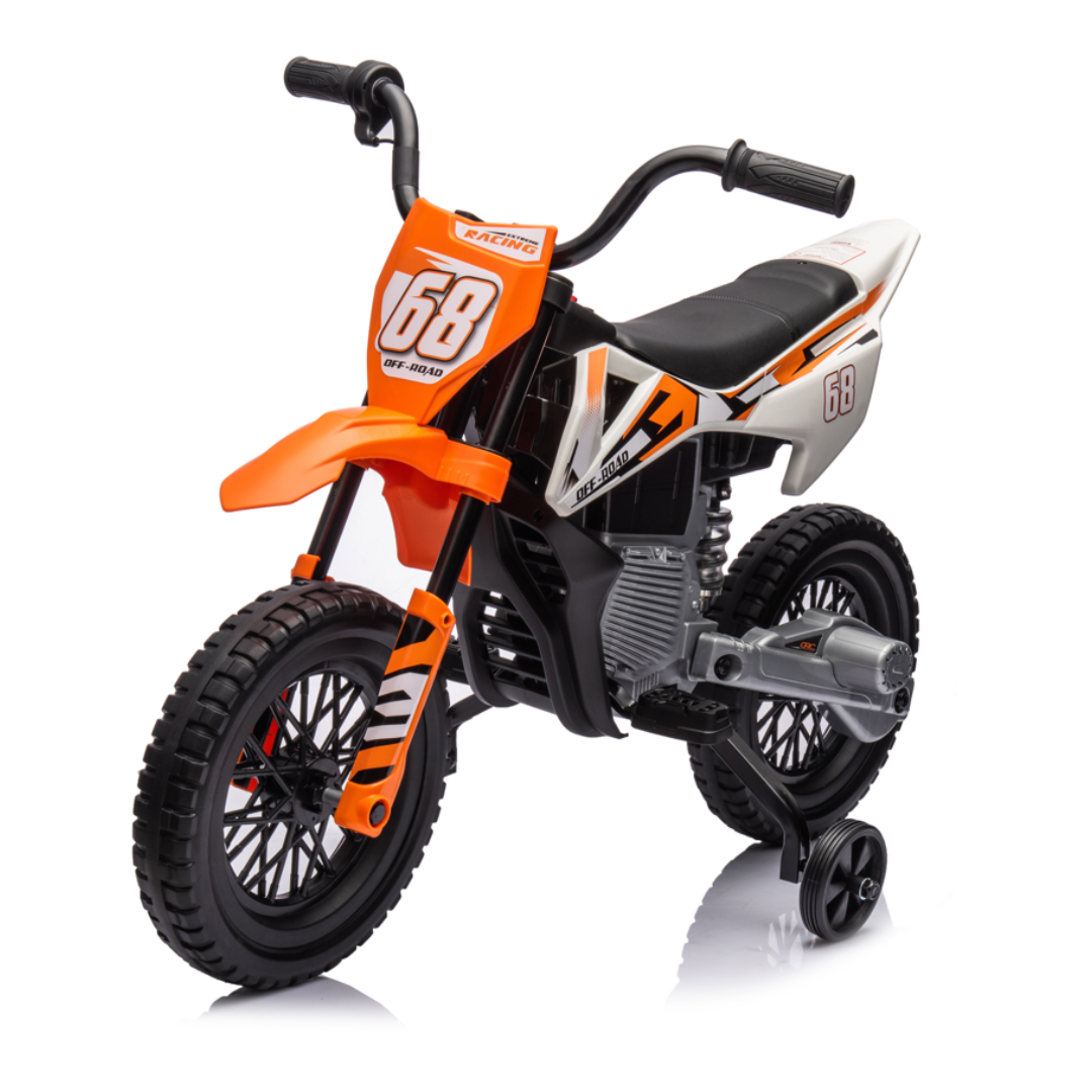 Motociclo infantil laranja, preto e branco com número 68 e rodinhas auxiliares