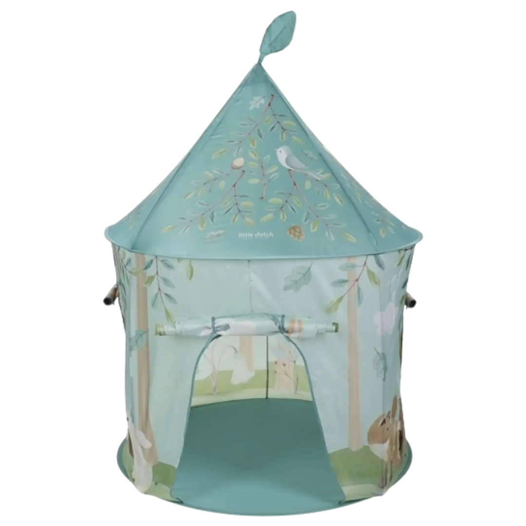 Tenda infantil azul claro com padrão de folhas e animais