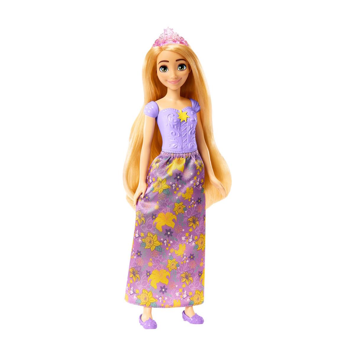 Boneca princesa loira com vestido roxo e coroa rosa sobre fundo branco