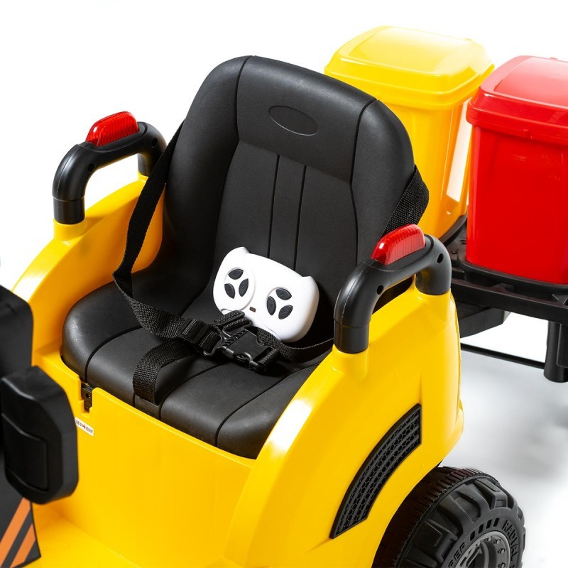 Veículo infantil amarelo com assento preto e contentores coloridos