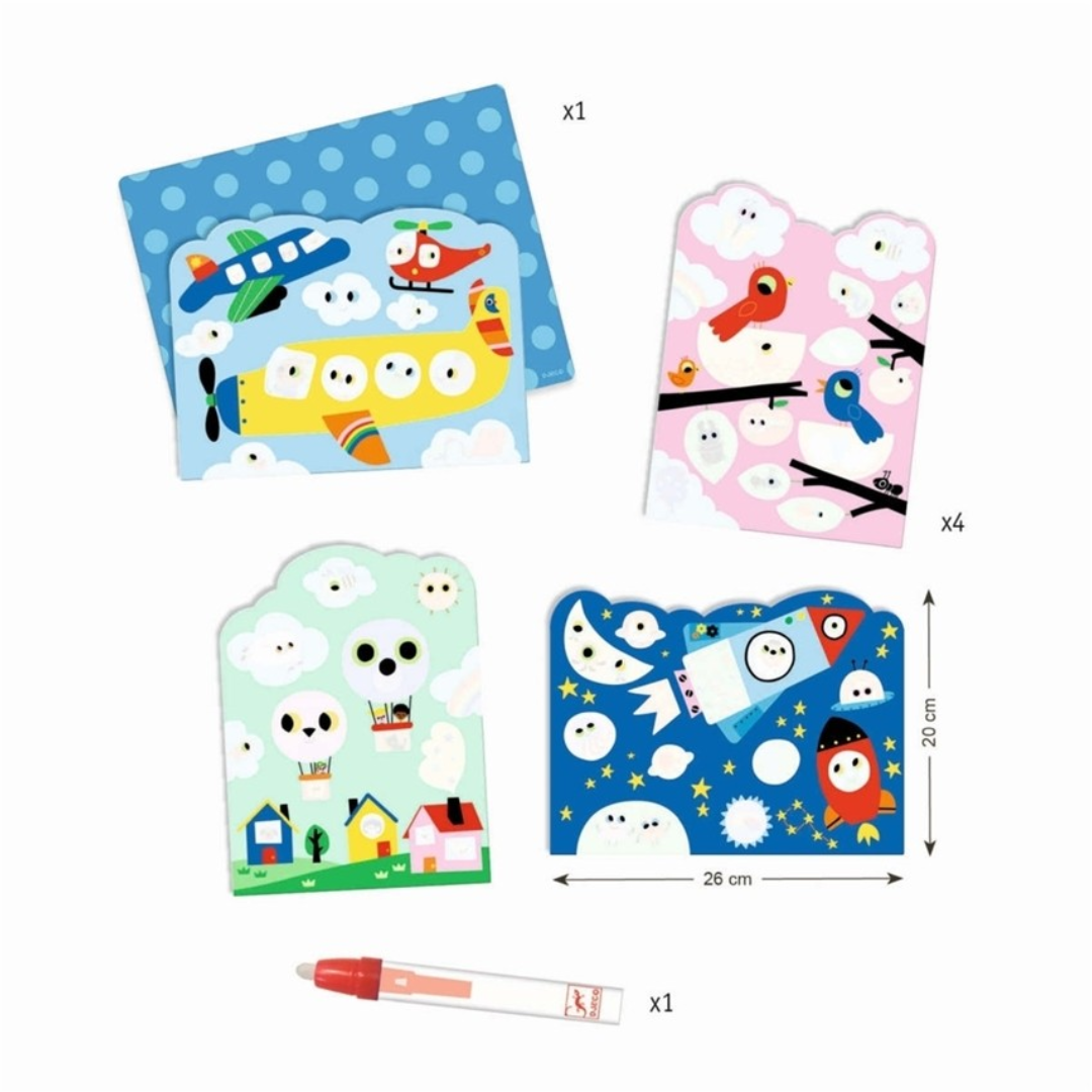 Tapetes coloridos para desenhar com caneta de água, temas de aviões, pássaros, casas e espaço