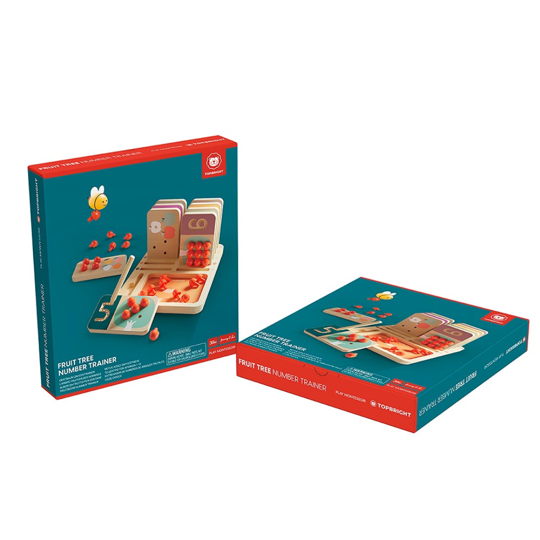Brinquedo educativo de madeira para treino de números com tema de árvore de frutas na embalagem