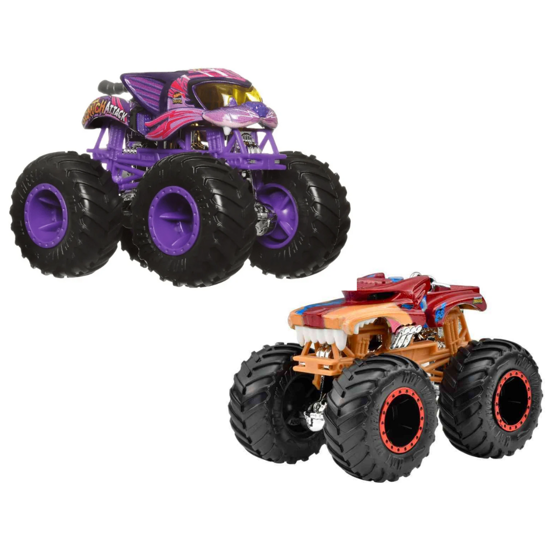 Dois carrinhos toy monster truck roxo e castanho sobre fundo branco