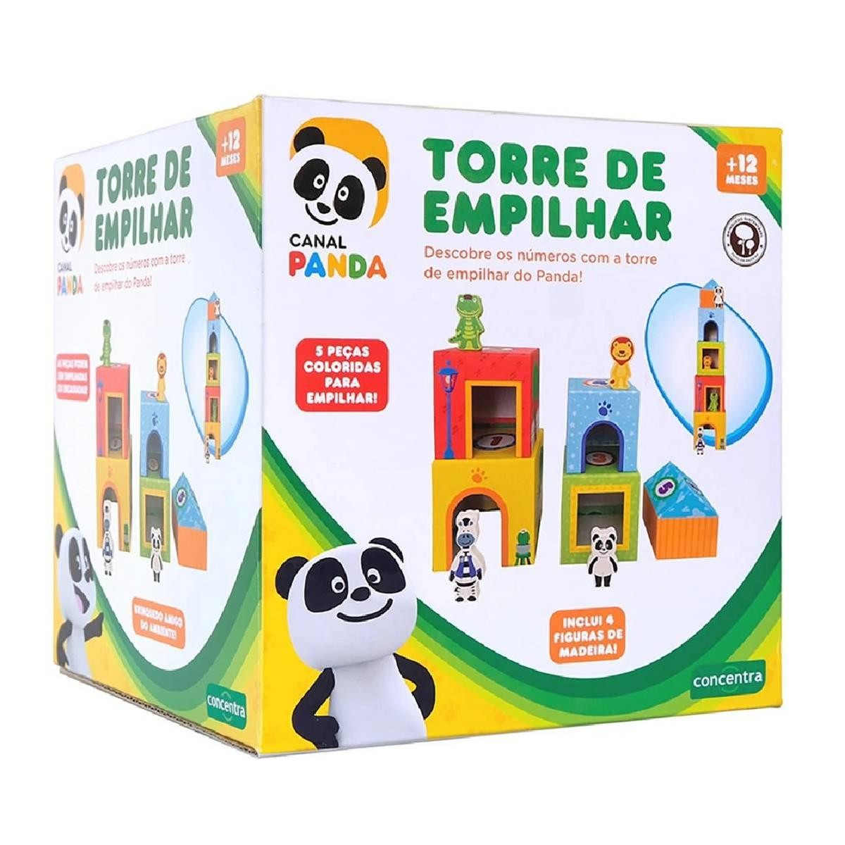 Caixa de brinquedo Torre de Empilhar da Canal Panda com peças coloridas e figuras de madeira.
