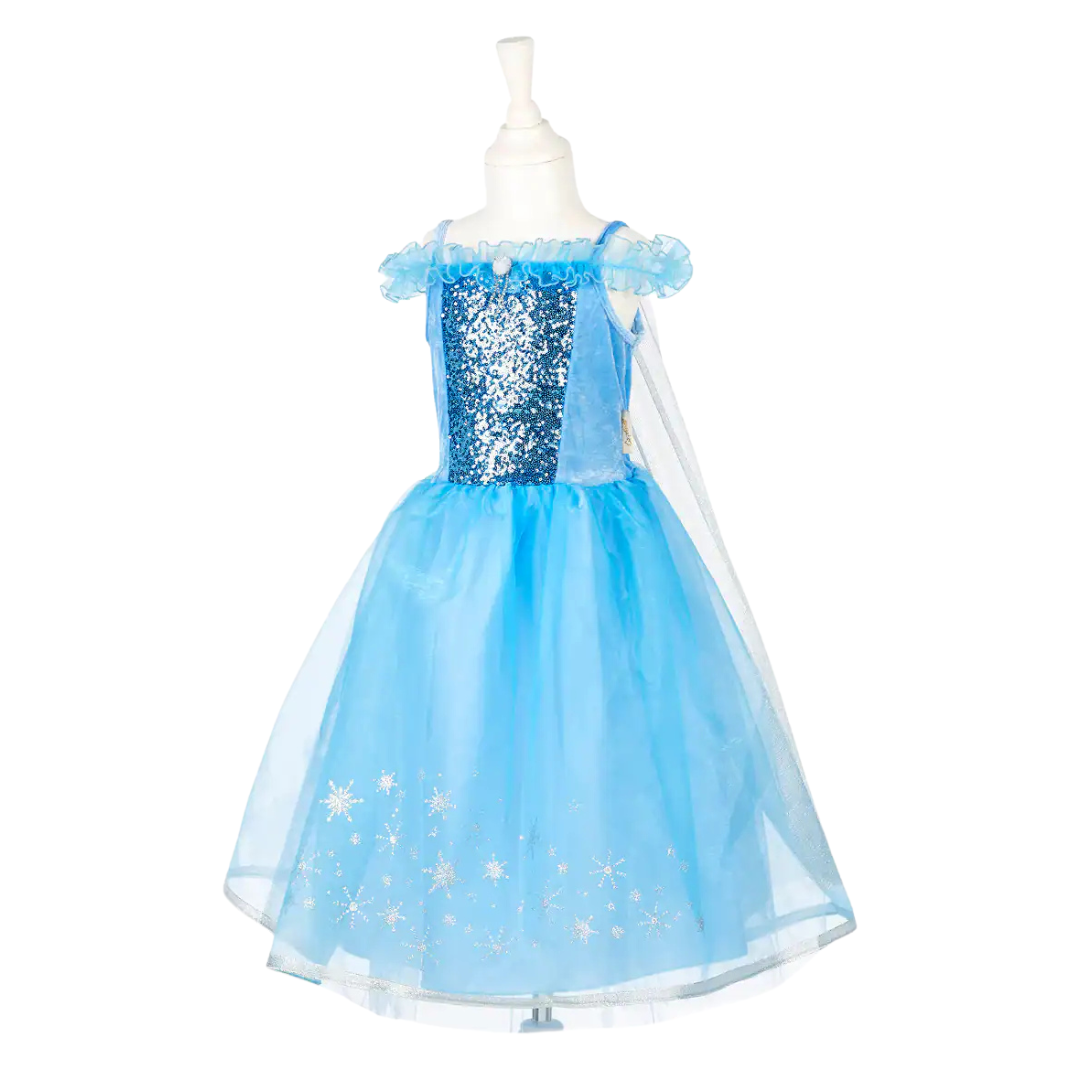 Vestido azul claro com lantejoulas e tule com flocos de neve