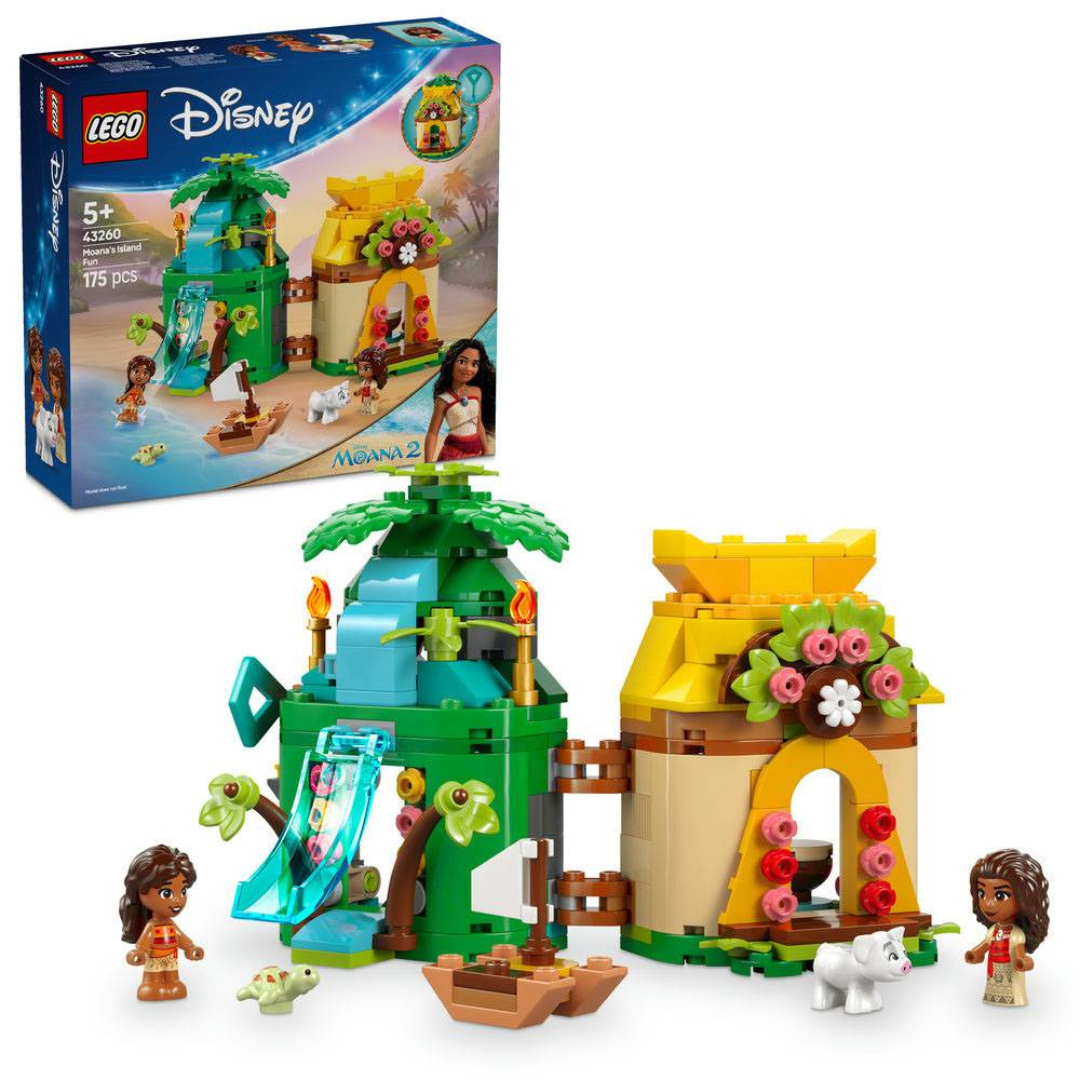 Conjunto LEGO Disney Moana's Island Fun com casa de plástico, figuras e barco.