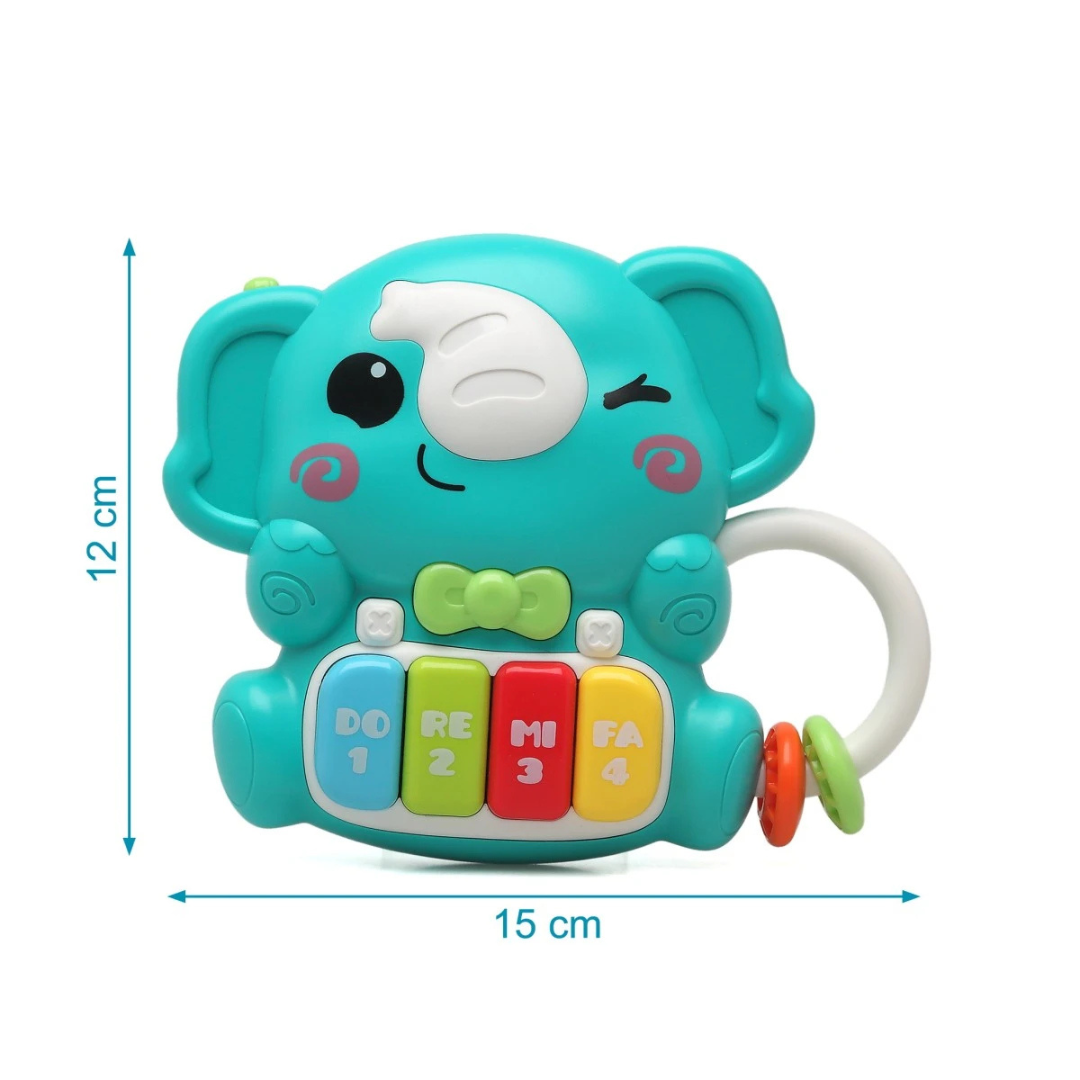 Brinquedo musical em forma de elefante azul com teclas coloridas e anel.