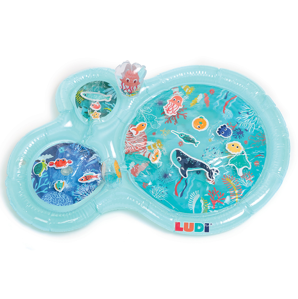 Brinquedo insuflável azul com animais marinhos, logo LUDI
