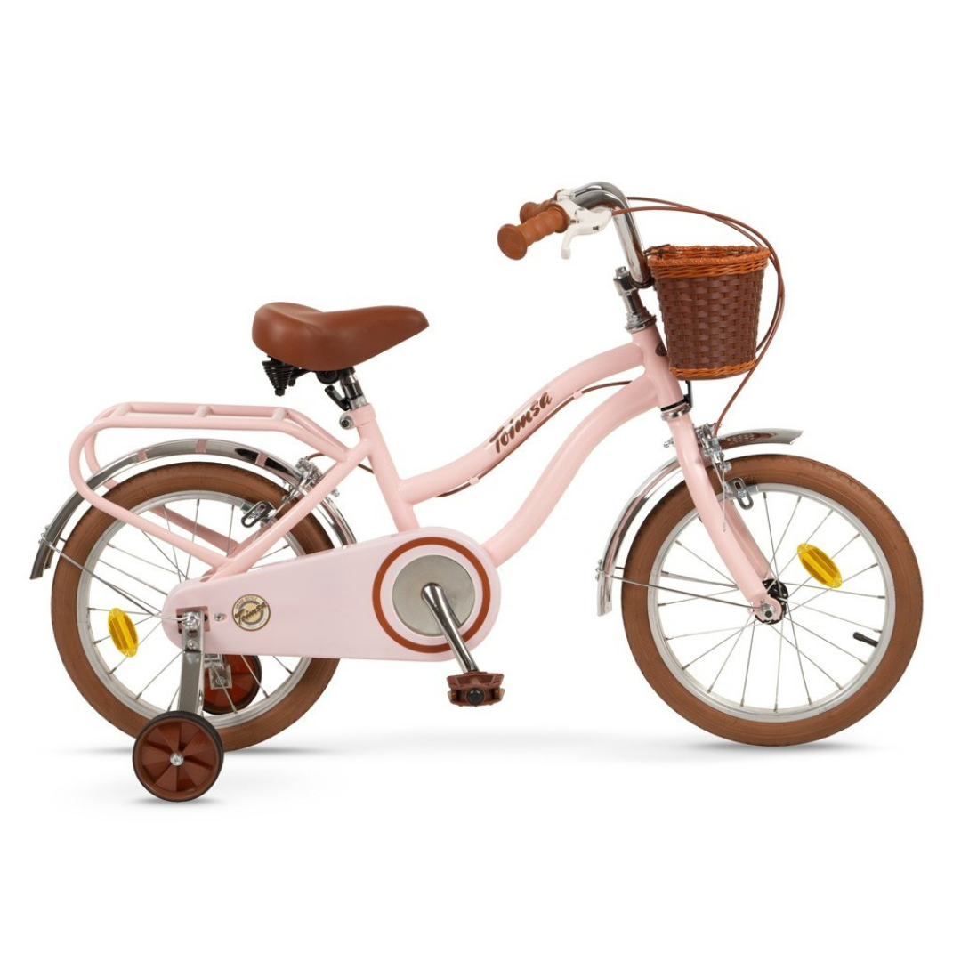 Bicicleta infantil rosa com cesto de verga castanho e rodinhas de apoio