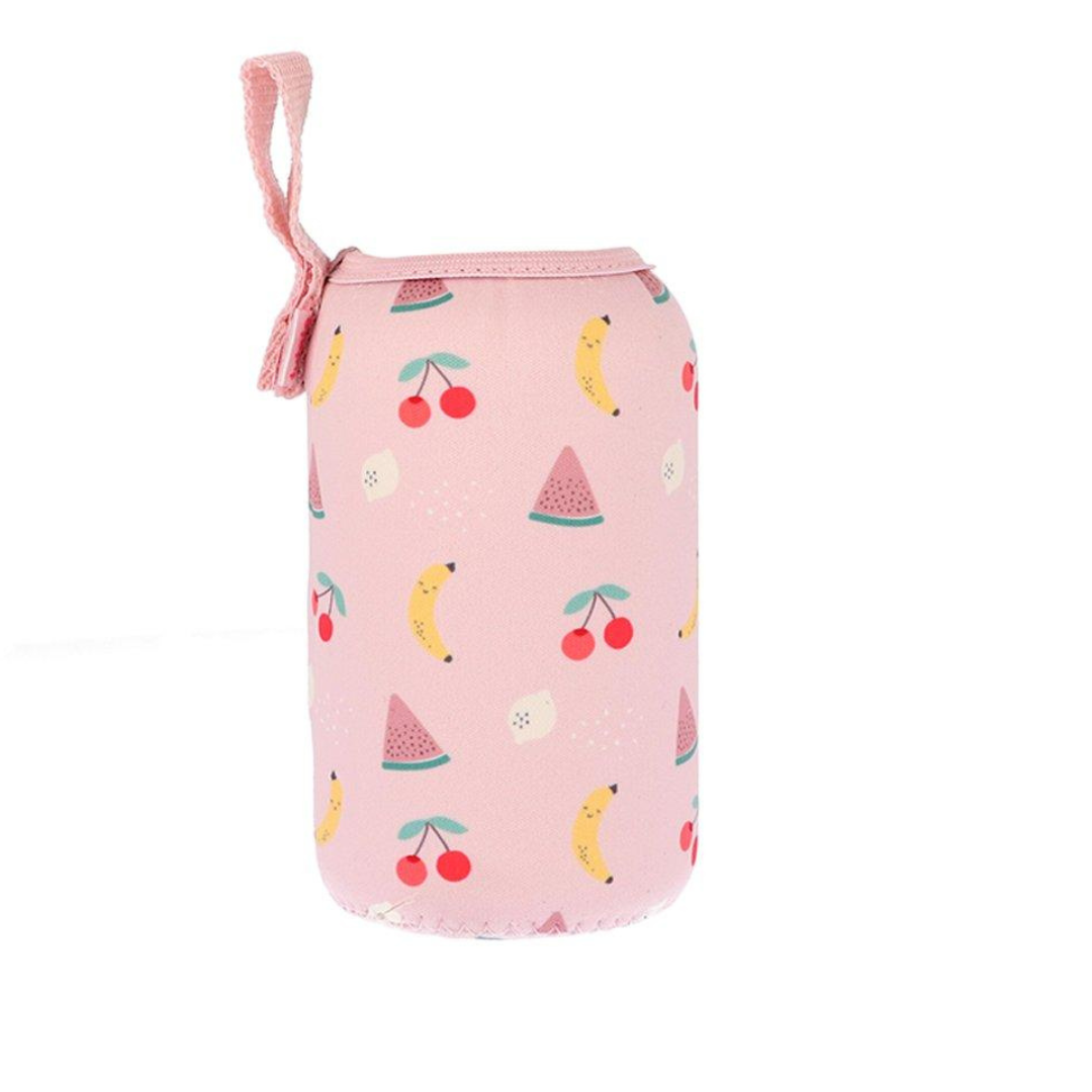 Suporte para garrafa rosa com padrão de frutas coloridas