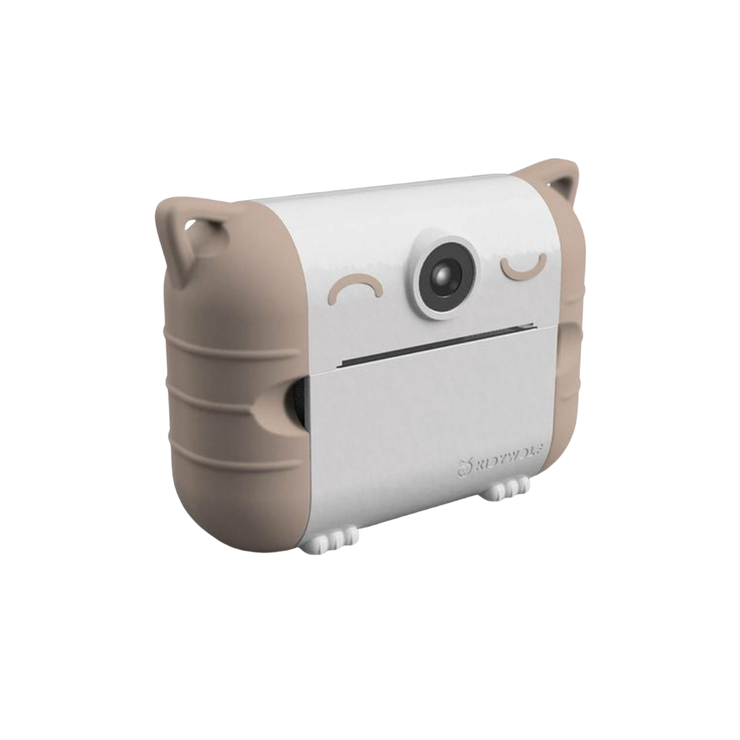 Câmara de vigilância compacta em forma de animal bege e branco com lente central